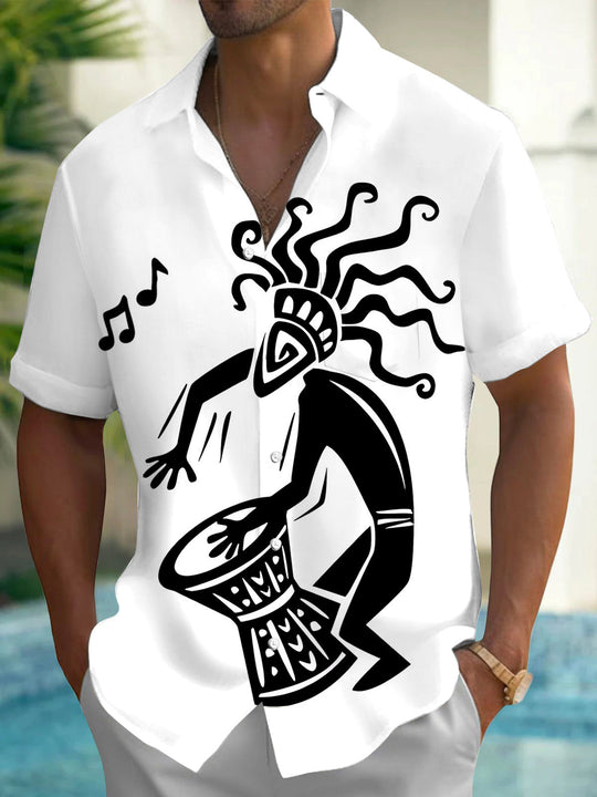 Adaychic Men's Graphic African Drummer Print Short Sleeve Shirt with Chest Pocket