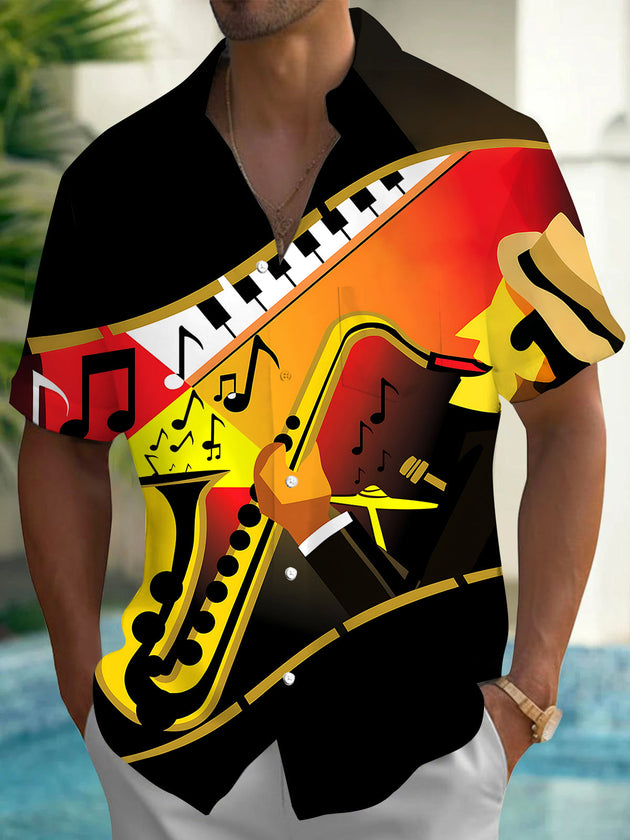 Adaychic Men's Graphic Saxophone Music Print Short Sleeve Shirt with Chest Pocket