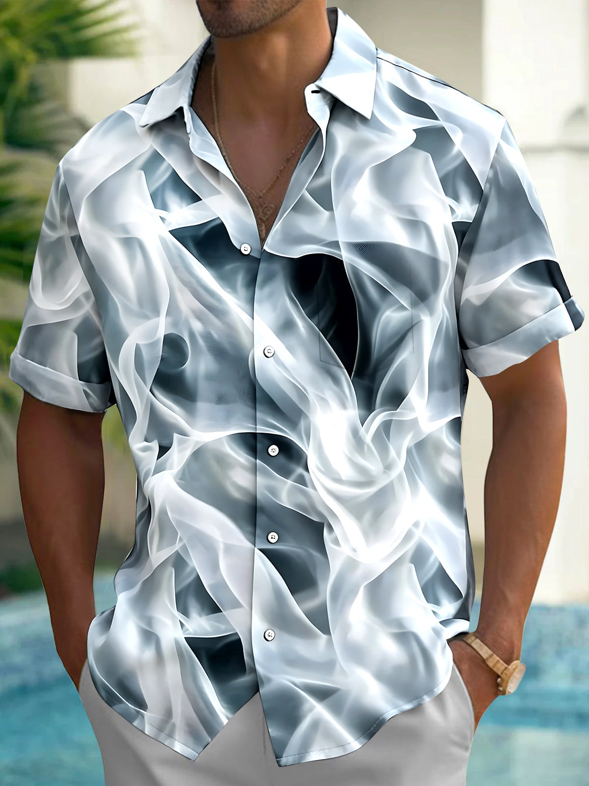 Adaychic Men's Printed Abstract Fluid Waves Print Short Sleeve Shirt with Chest Pocket