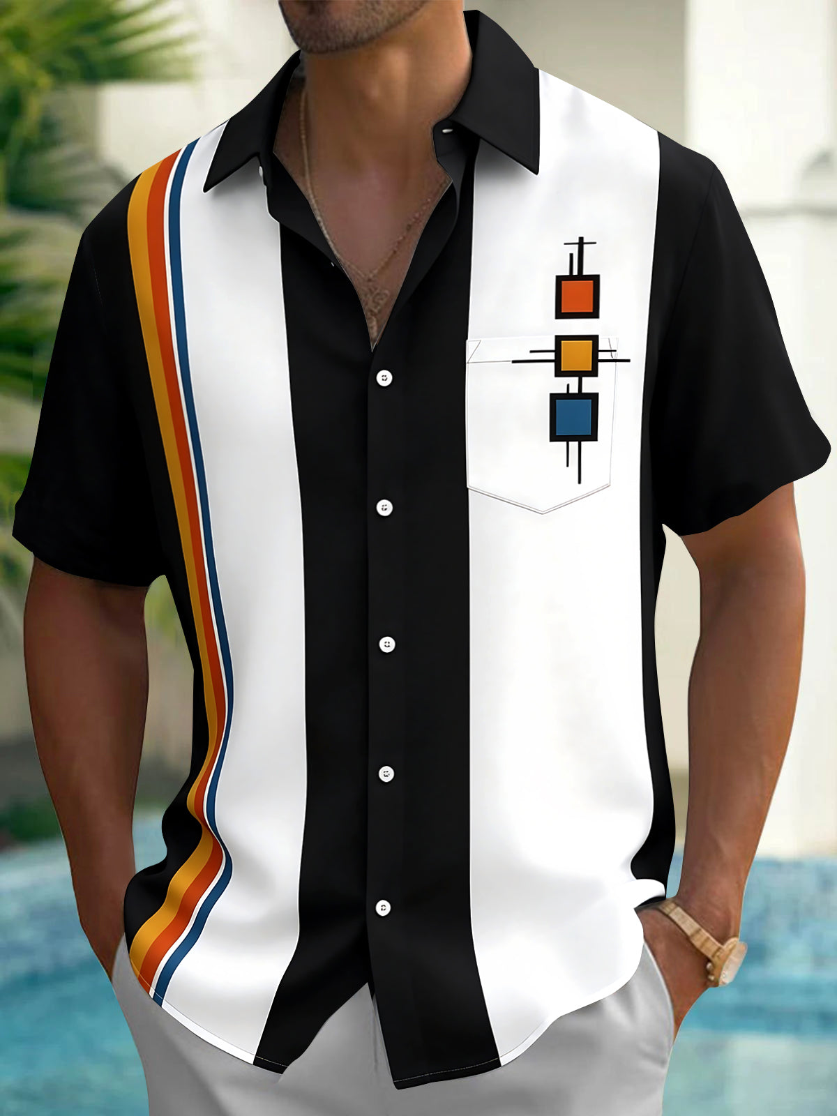 Adaychic Men's Striped Geometric Squares Print Short Sleeve Shirt with Chest Pocket
