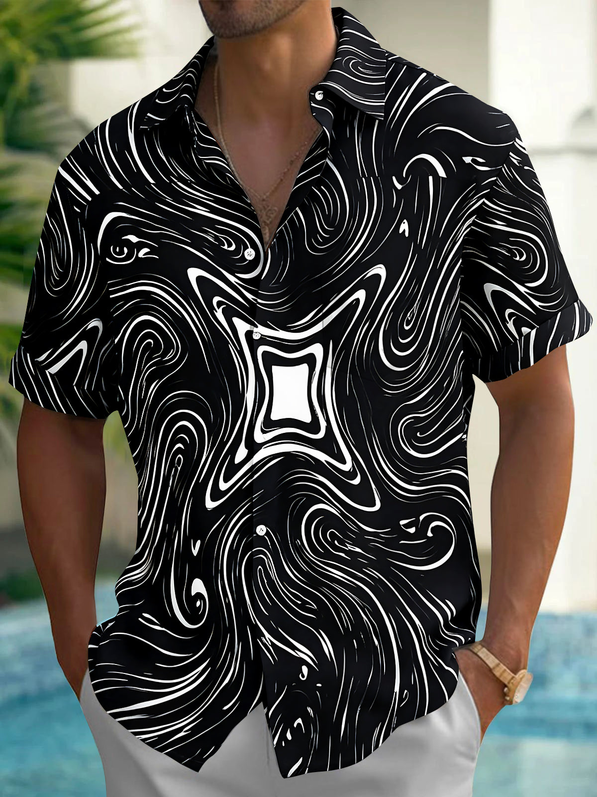 Adaychic Men's Abstract Swirling Black And White Lines Print Short Sleeve Shirt with Chest Pocket