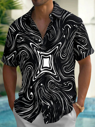 Adaychic Men's Abstract Swirling Black And White Lines Print Short Sleeve Shirt with Chest Pocket