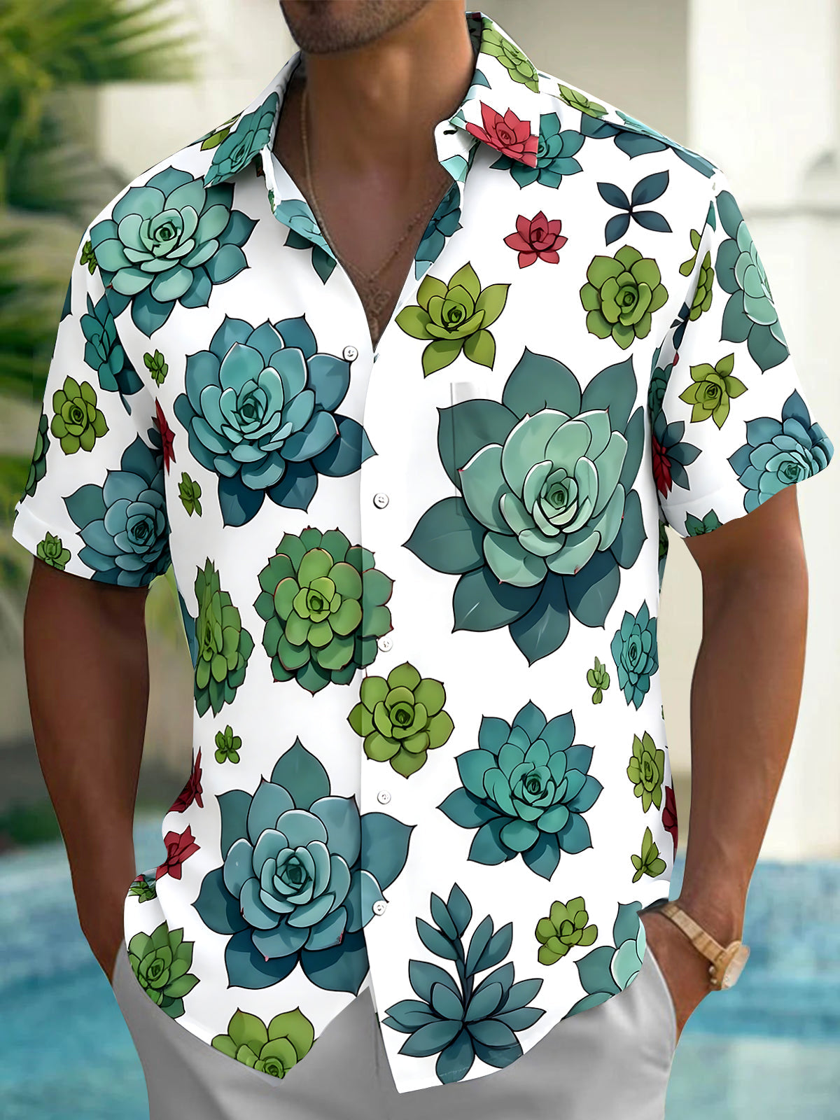 Adaychic Men's Hawaiian Succulent Plants Print Short Sleeve Shirt with Chest Pocket