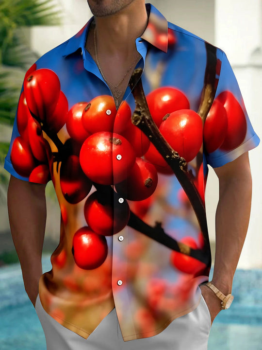 Adaychic Men's Hawaiian Red Berries On Branch Print Short Sleeve Shirt with Chest Pocket