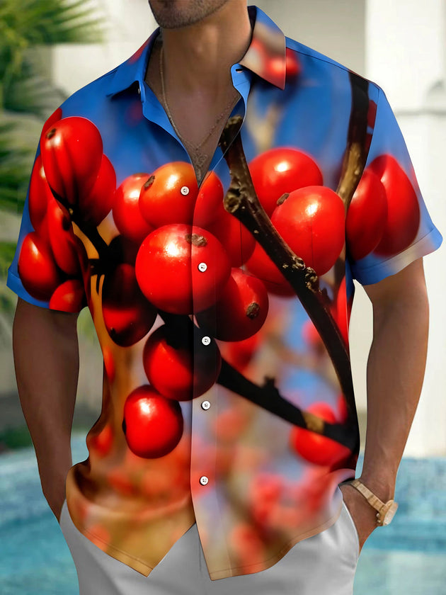 Adaychic Men's Hawaiian Red Berries On Branch Print Short Sleeve Shirt with Chest Pocket