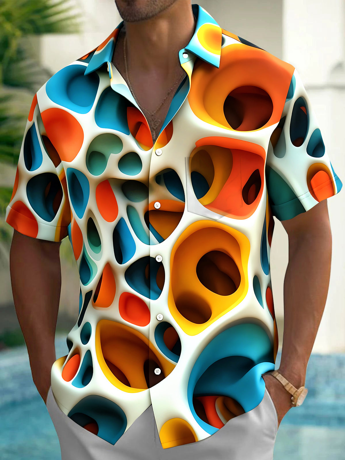 Adaychic Men's 3D 3D Abstract Circles Print Short Sleeve Shirt with Chest Pocket