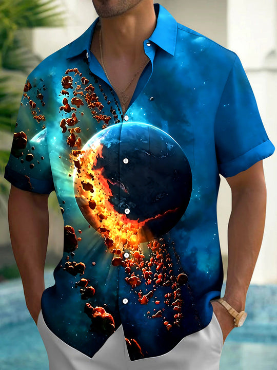 Adaychic Men's 3D Explosion Planet Print Short Sleeve Shirt with Chest Pocket