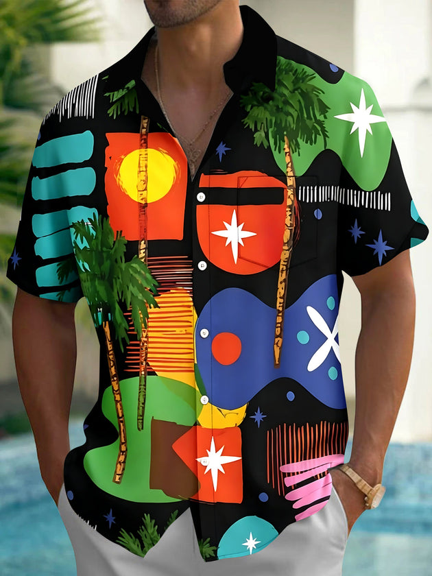 Adaychic Men's Hawaiian Palm Tree Print Short Sleeve Shirt with Chest Pocket