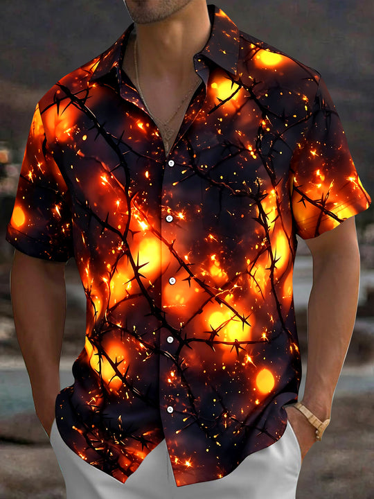 Adaychic Men's Printed Thorn Branches Print Short Sleeve Shirt with Chest Pocket