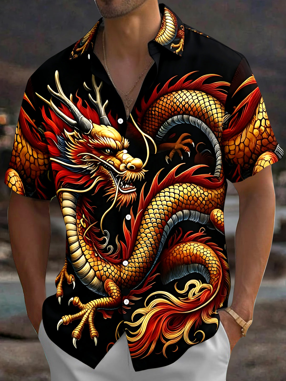 Adaychic Men's Hawaiian Chinese Dragon Print Short Sleeve Shirt with Chest Pocket