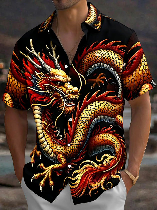 Adaychic Men's Hawaiian Chinese Dragon Print Short Sleeve Shirt with Chest Pocket