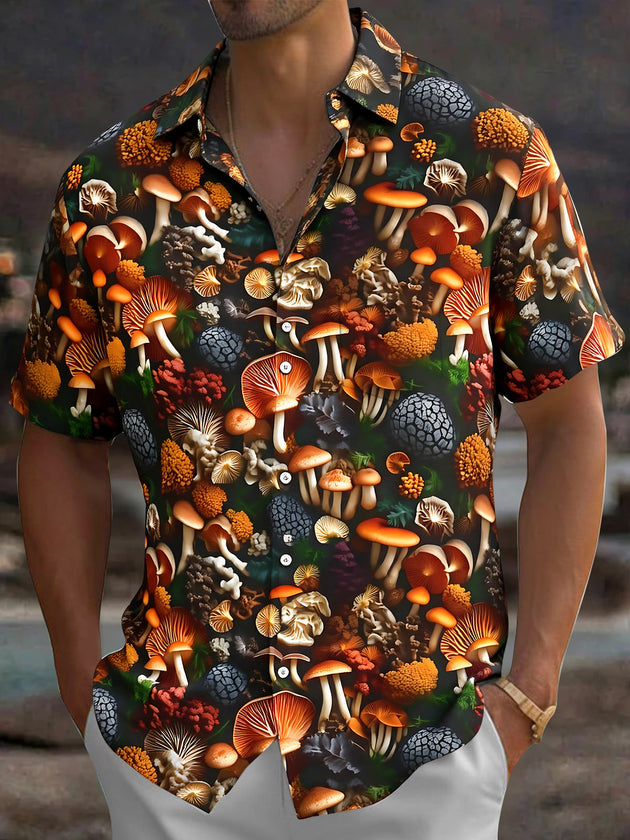 Adaychic Men's Hawaiian Mushroom Forest Print Short Sleeve Shirt with Chest Pocket