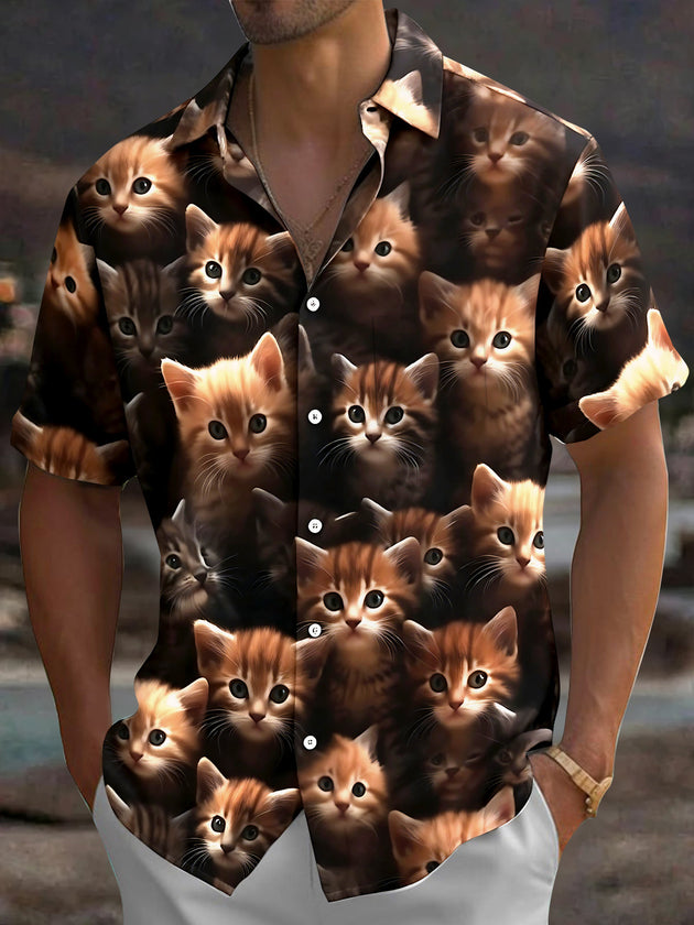 Adaychic Men's Vintage Style Kitten Faces Print Cat Print Short Sleeve Shirt with Chest Pocket