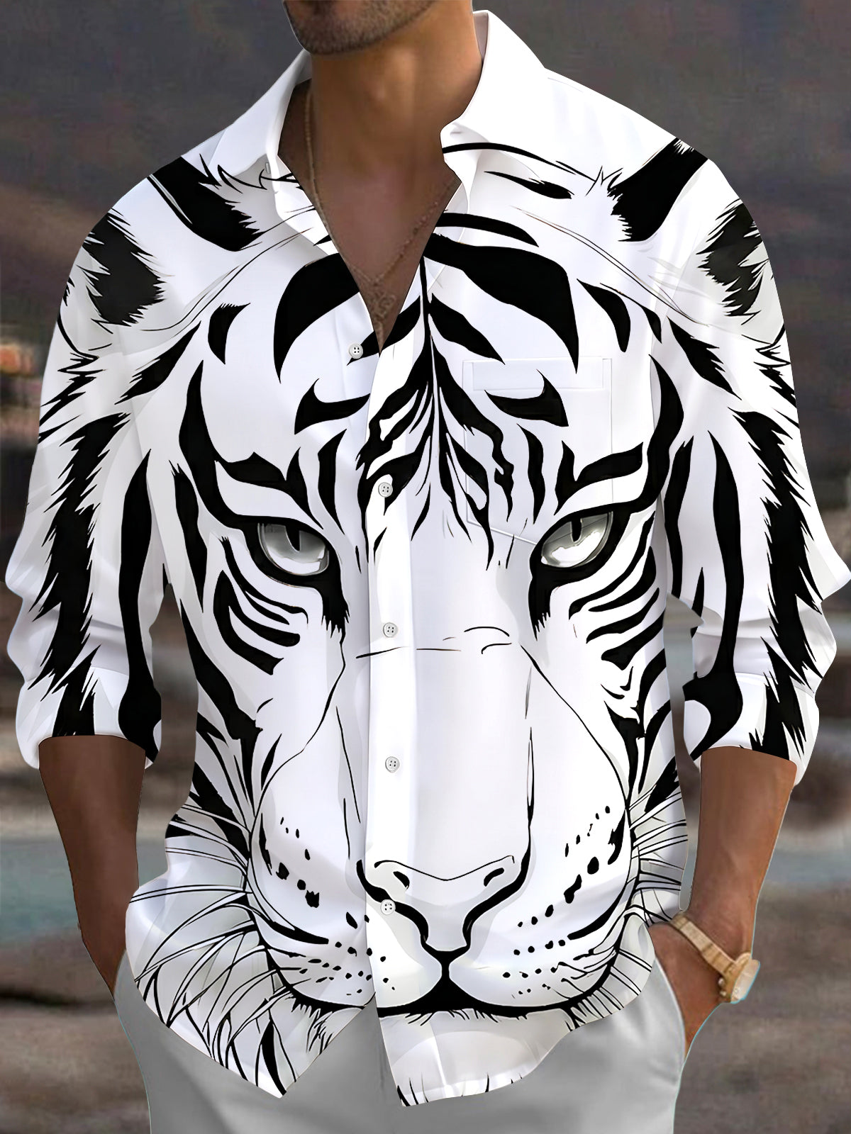 Adaychic Men's Graphic Animal Print Long Sleeve Shirt with Chest Pocket