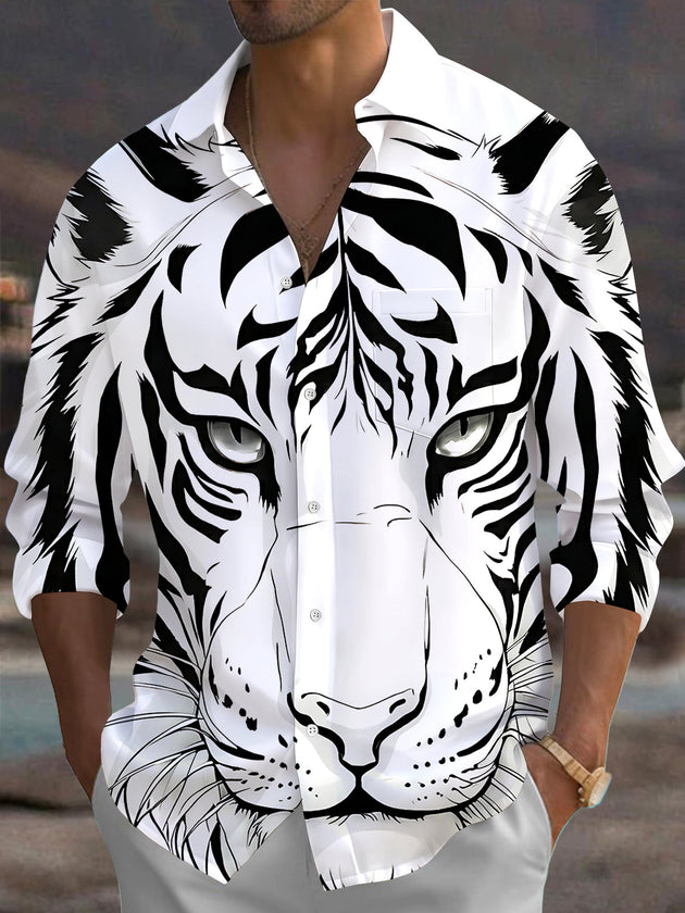 Adaychic Men's Graphic Animal Print Long Sleeve Shirt with Chest Pocket