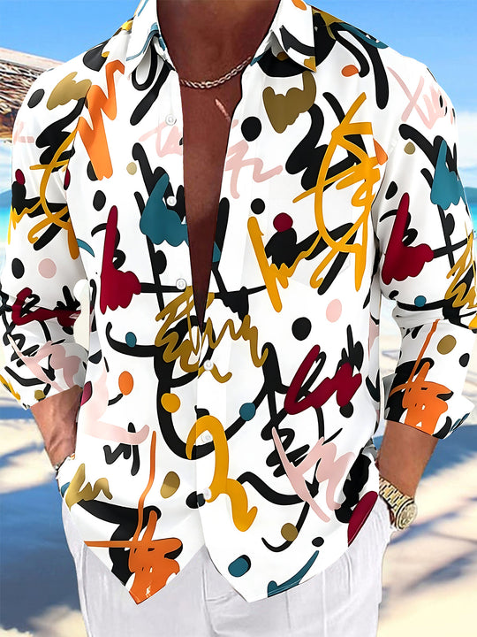 Adaychic Men's Printed Abstract Scribble Pattern Long Sleeve Shirt with Chest Pocket