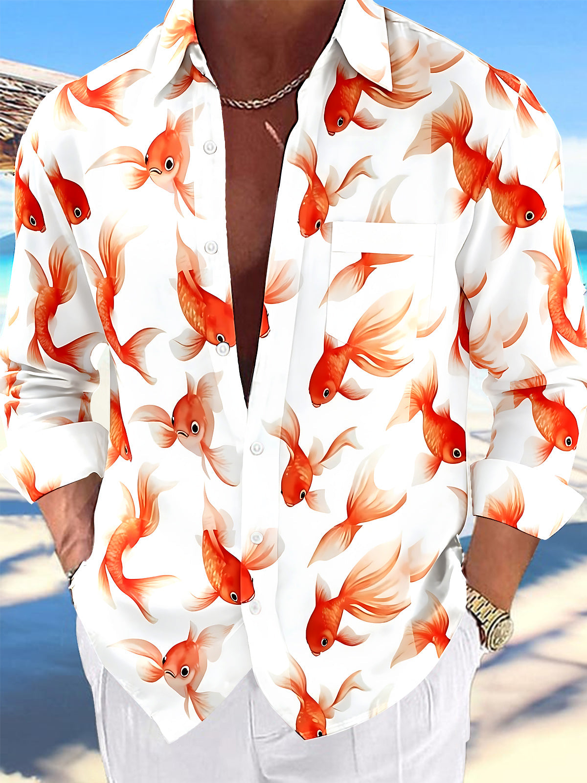 Adaychic Men's Hawaiian Goldfish Pattern Orange Fish Print Long Sleeve Shirt with Chest Pocket