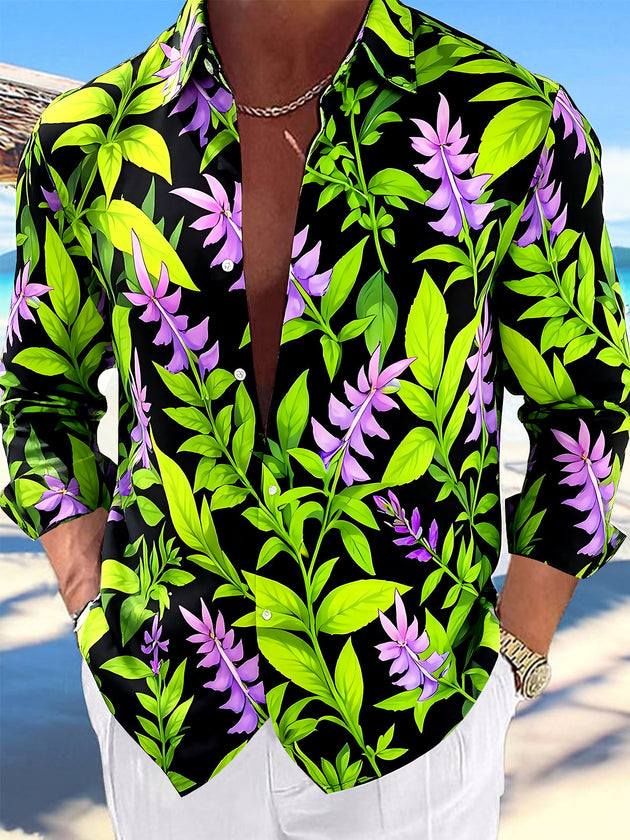 Adaychic Men's Hawaiian Purple Flowers Print Long Sleeve Shirt with Chest Pocket