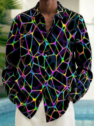 Adaychic Men's Abstract Neon Geometric Web Print Long Sleeve Shirt with Chest Pocket