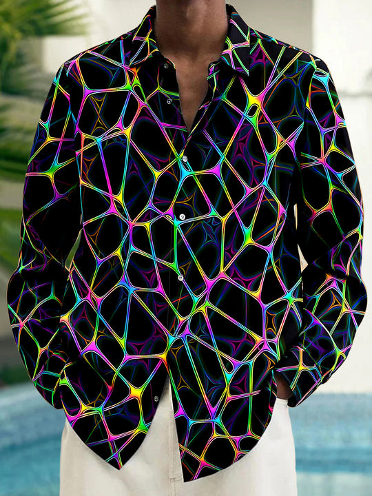 Adaychic Men's Abstract Neon Geometric Web Print Long Sleeve Shirt with Chest Pocket