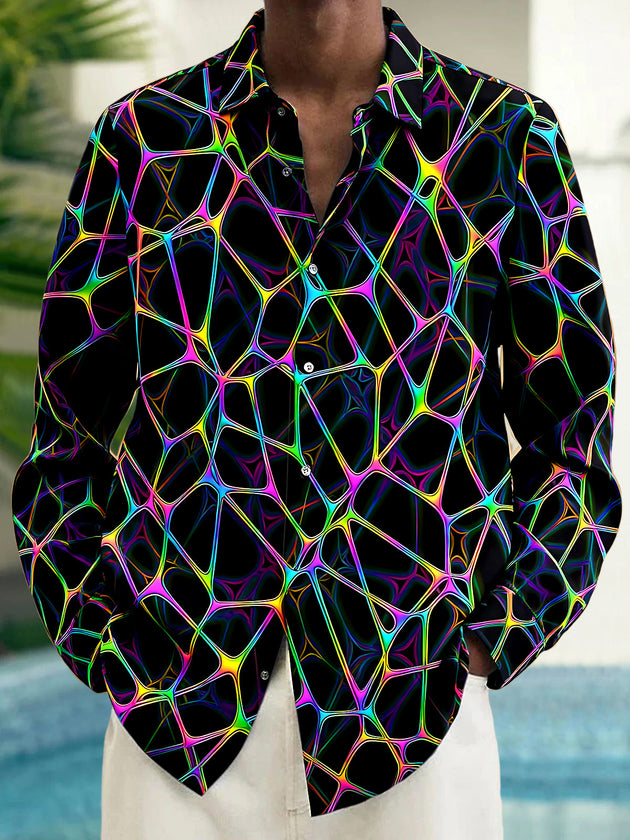 Adaychic Men's Abstract Neon Geometric Web Print Long Sleeve Shirt with Chest Pocket
