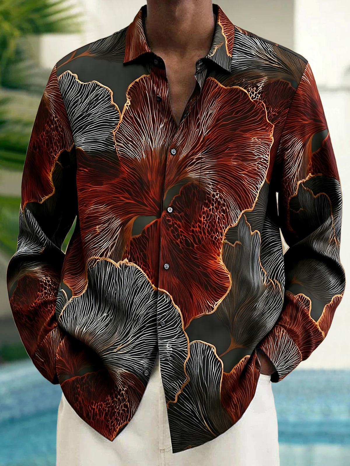 Adaychic Men's Printed Abstract Floral Pattern Long Sleeve Shirt with Chest Pocket
