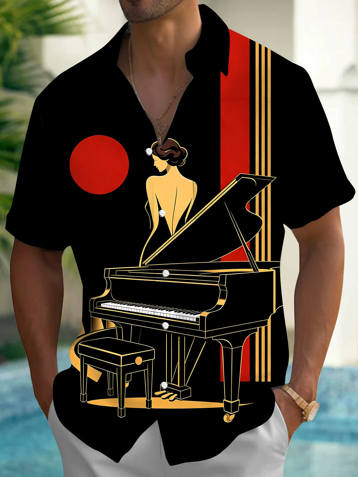 Adaychic Men's Retro Piano Player Print Grand Piano Print Short Sleeve Shirt with Chest Pocket