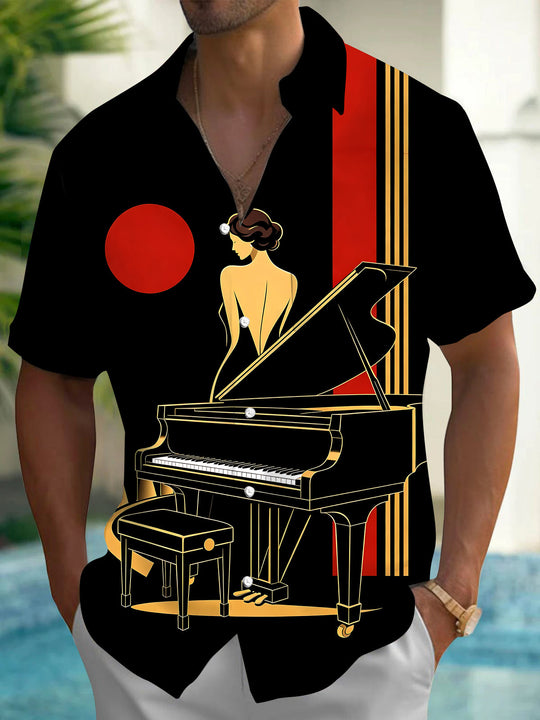 Adaychic Men's Retro Piano Player Print Grand Piano Print Short Sleeve Shirt with Chest Pocket