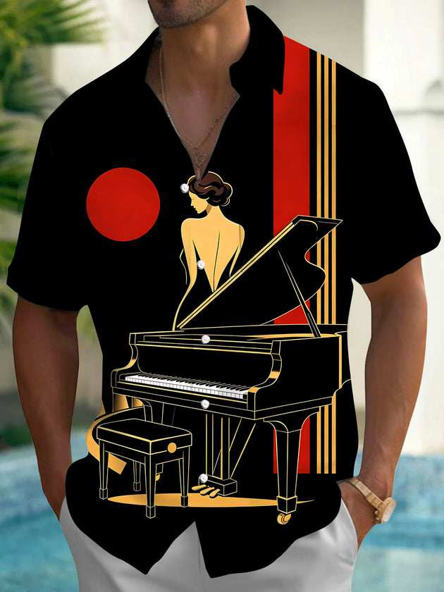 Adaychic Men's Retro Piano Player Print Grand Piano Print Short Sleeve Shirt with Chest Pocket