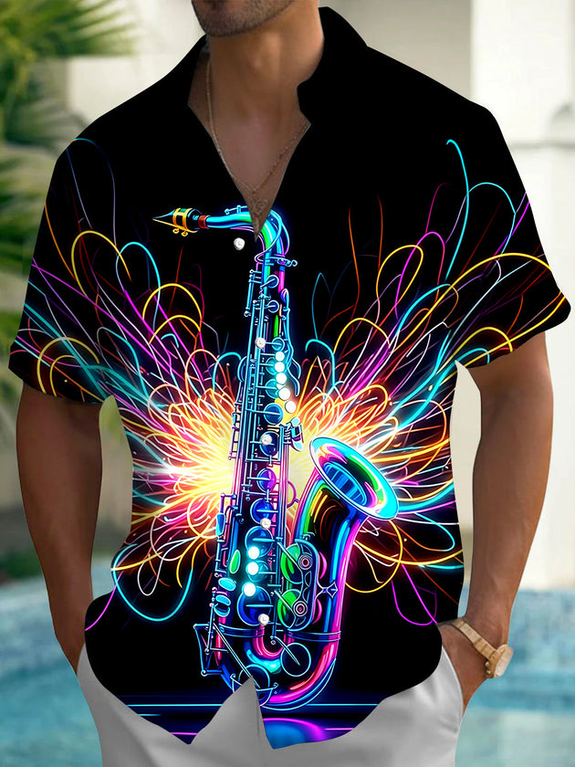 Adaychic Men's Graphic Neon Saxophone Print Short Sleeve Shirt with Chest Pocket