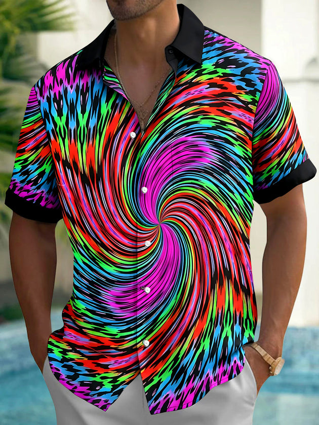 Adaychic Men's Psychedelic Swirl Pattern Short Sleeve Shirt with Chest Pocket