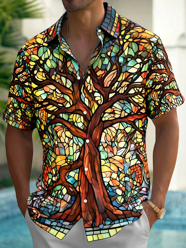 Adaychic Men's Printed Stained Glass Tree Print Short Sleeve Shirt with Chest Pocket