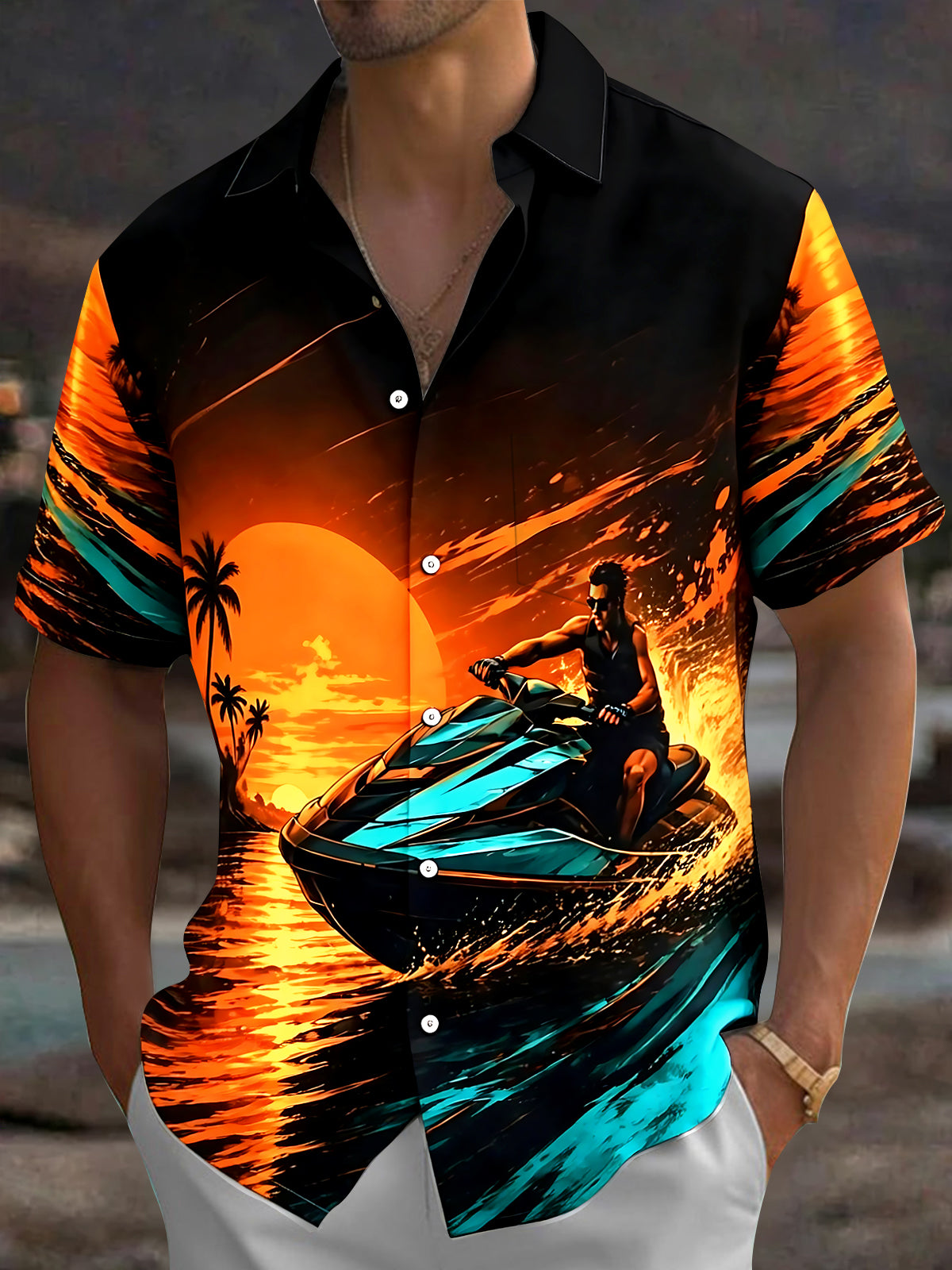 Adaychic Men's Hawaiian Jet Ski Sunset Print Short Sleeve Shirt with Chest Pocket