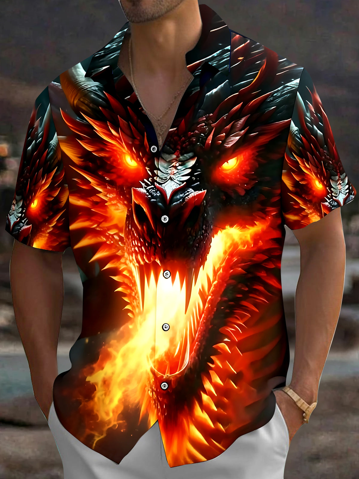 Adaychic Men's Graphic Fire Dragon Print Glowing Eyes Print Short Sleeve Shirt with Chest Pocket