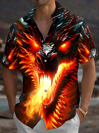 Adaychic Men's Graphic Fire Dragon Print Glowing Eyes Print Short Sleeve Shirt with Chest Pocket