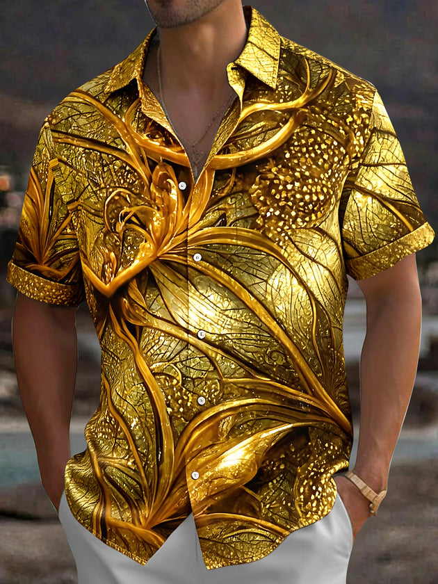 Adaychic Men's Hawaiian Gold Leaf Pattern 3D Floral Print Short Sleeve Shirt with Chest Pocket