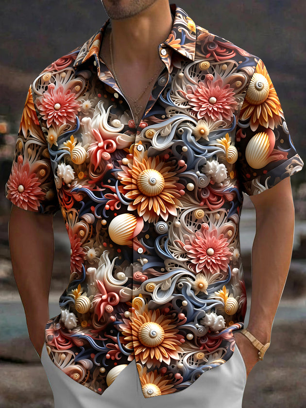 Adaychic Men's Hawaiian 3D Relief Floral Print Short Sleeve Shirt with Chest Pocket