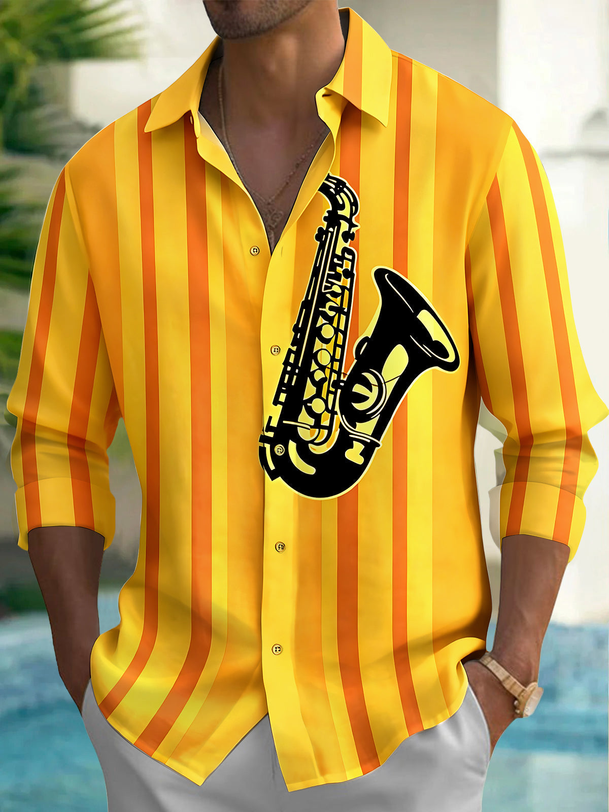 Adaychic Men's Striped Saxophone Graphic Long Sleeve Shirt with Chest Pocket