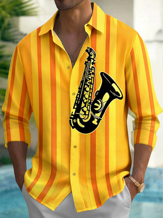 Adaychic Men's Striped Saxophone Graphic Long Sleeve Shirt with Chest Pocket