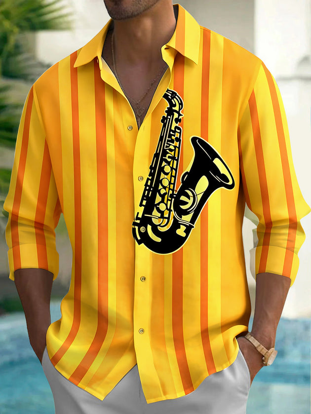 Adaychic Men's Striped Saxophone Graphic Long Sleeve Shirt with Chest Pocket