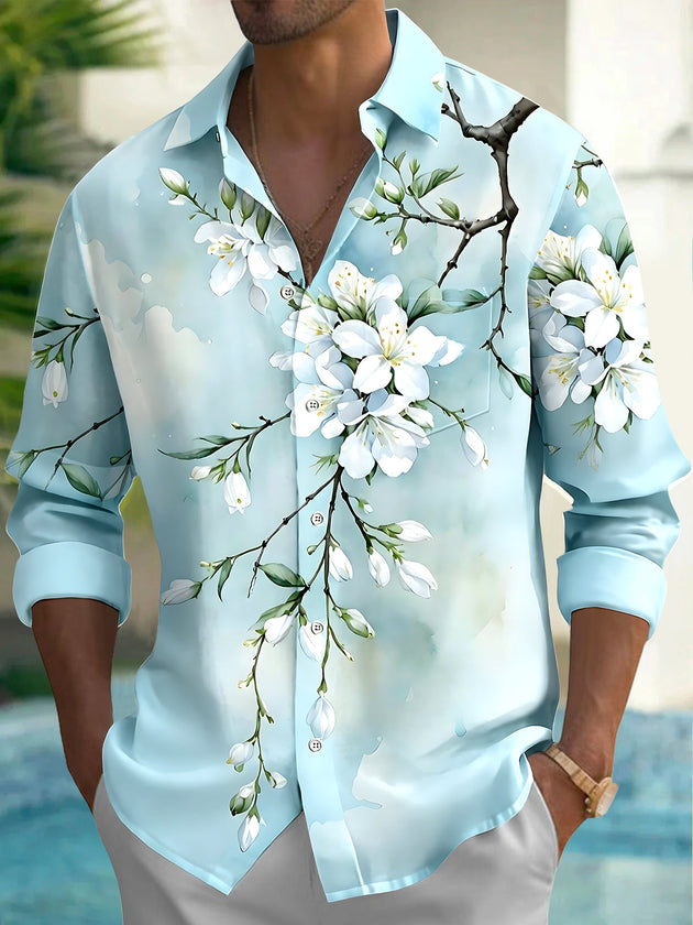 Adaychic Men's Floral White Blossom Branch Print Long Sleeve Shirt with Chest Pocket