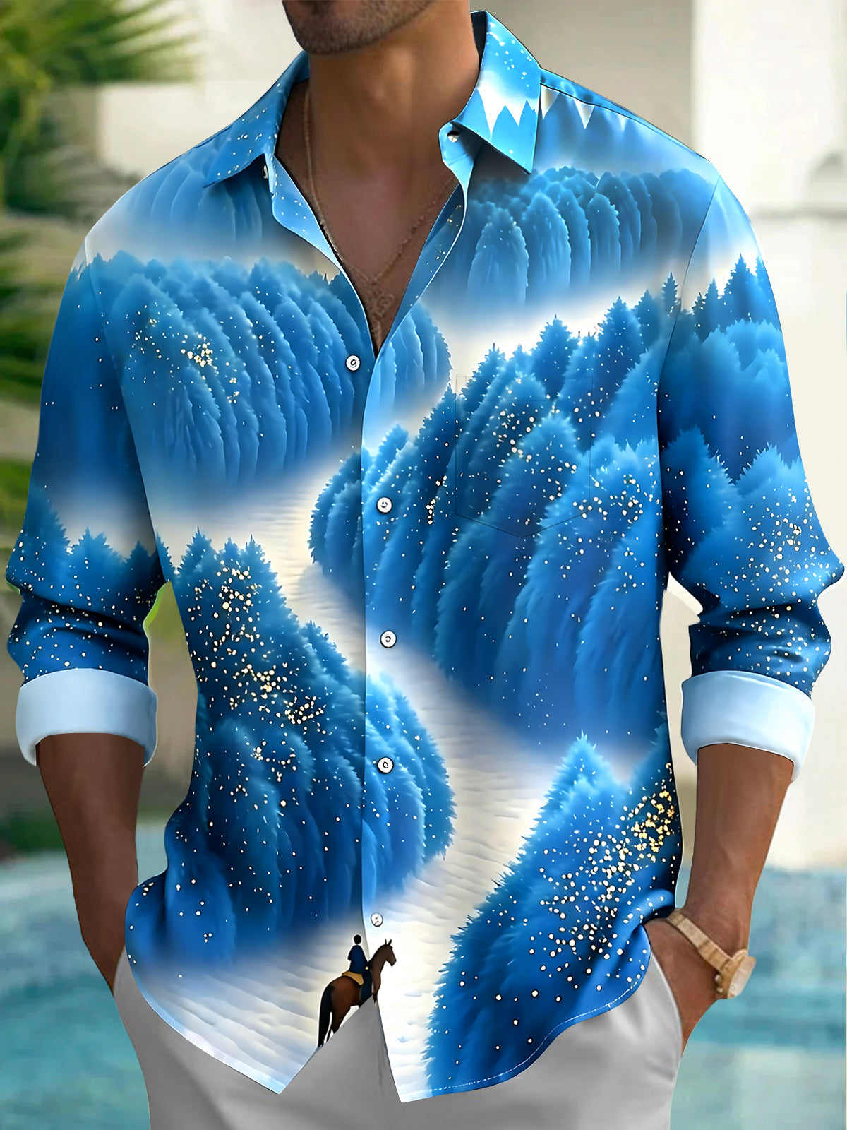 Adaychic Men's Graphic Winter Forest Landscape Print Long Sleeve Shirt with Chest Pocket