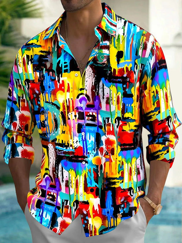 Adaychic Men's Tie Dye Colorful Paint Drip Print Long Sleeve Shirt with Chest Pocket