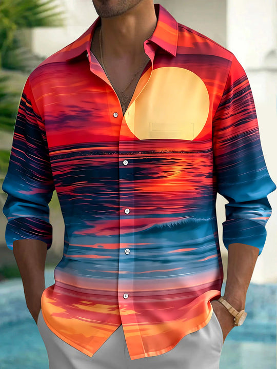 Adaychic Men's Hawaiian Sunset Over Ocean Print Long Sleeve Shirt with Chest Pocket