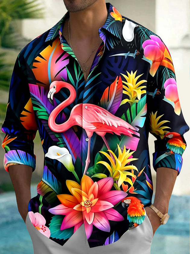 Adaychic Men's Hawaiian Flamingo Print Tropical Flowers Print Long Sleeve Shirt with Chest Pocket