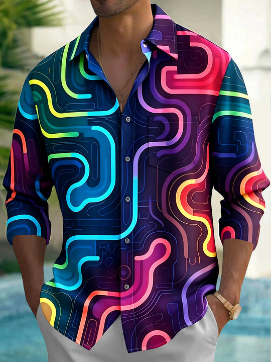 Adaychic Men's Retro Neon Wavy Lines Print Long Sleeve Shirt with Chest Pocket