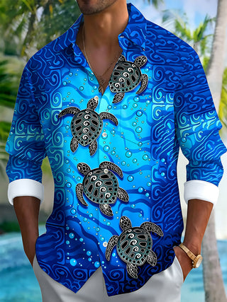 Adaychic Men's Hawaiian Sea Turtle Print Ocean Waves Print Long Sleeve Shirt with Chest Pocket