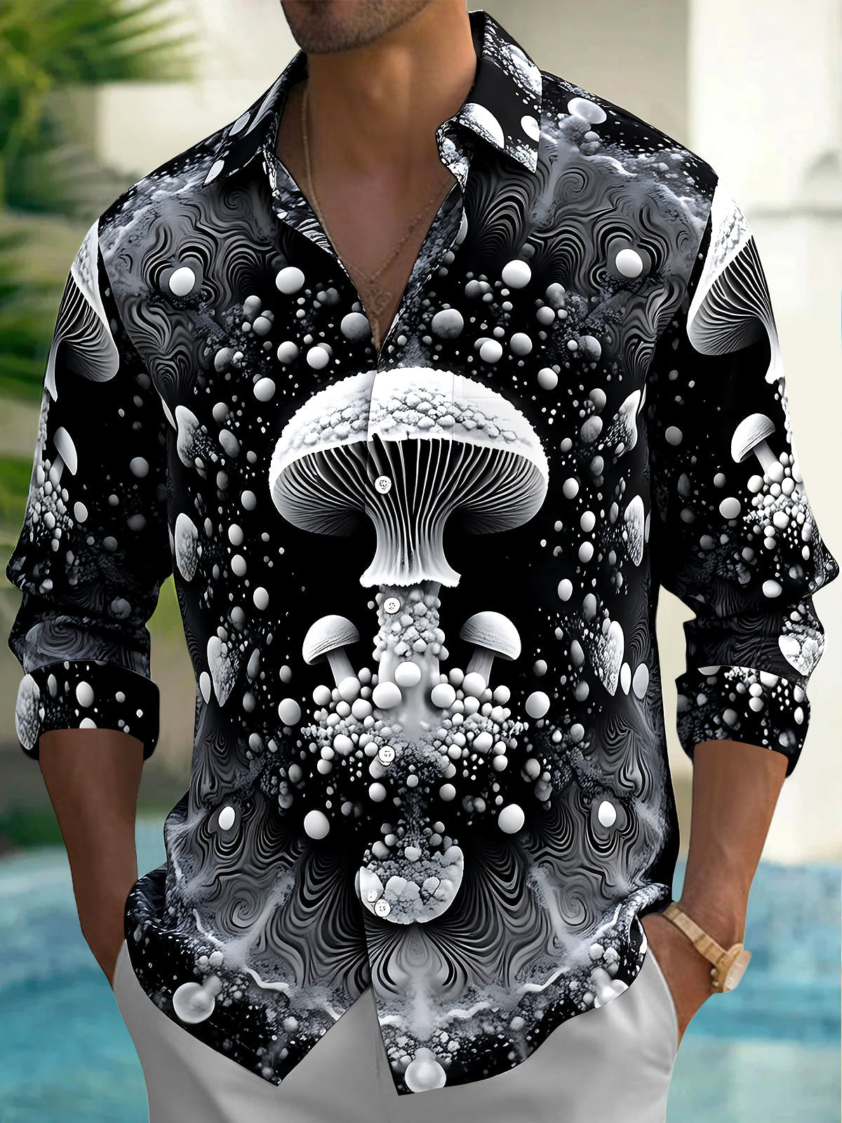 Adaychic Men's Printed Mushroom Print Abstract Bubbles Print Long Sleeve Shirt with Chest Pocket