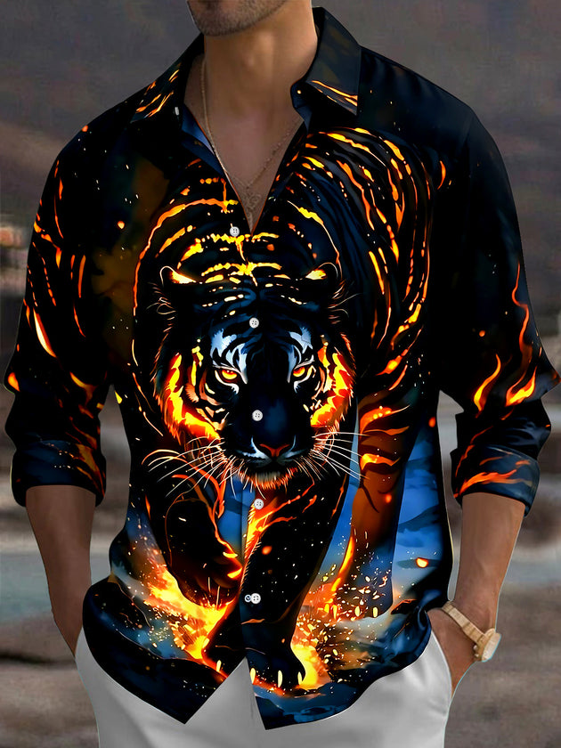 Adaychic Men's Graphic Pattern Print Long Sleeve Shirt with Chest Pocket