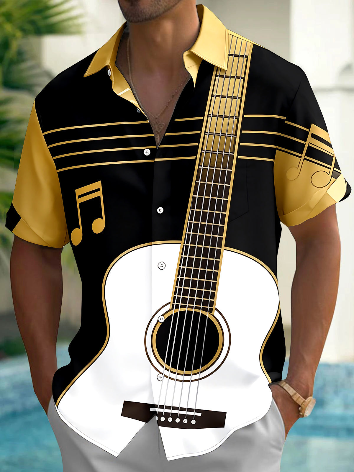 Adaychic Men's Graphic Guitar Print Musical Notes Print Short Sleeve Shirt with Chest Pocket